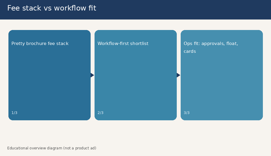 Side-by-side educational diagram comparing a pretty banking brochure against a workflow-first shortlist for SME fee and operations fit