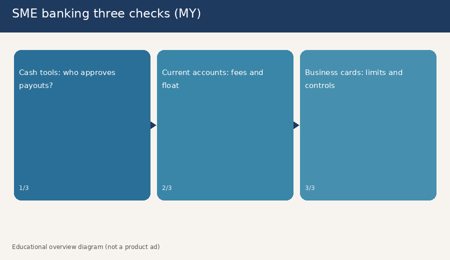 Educational three-lane checklist for Malaysia SME banking covering cash tools, current accounts, and business cards with practical questions under each lane